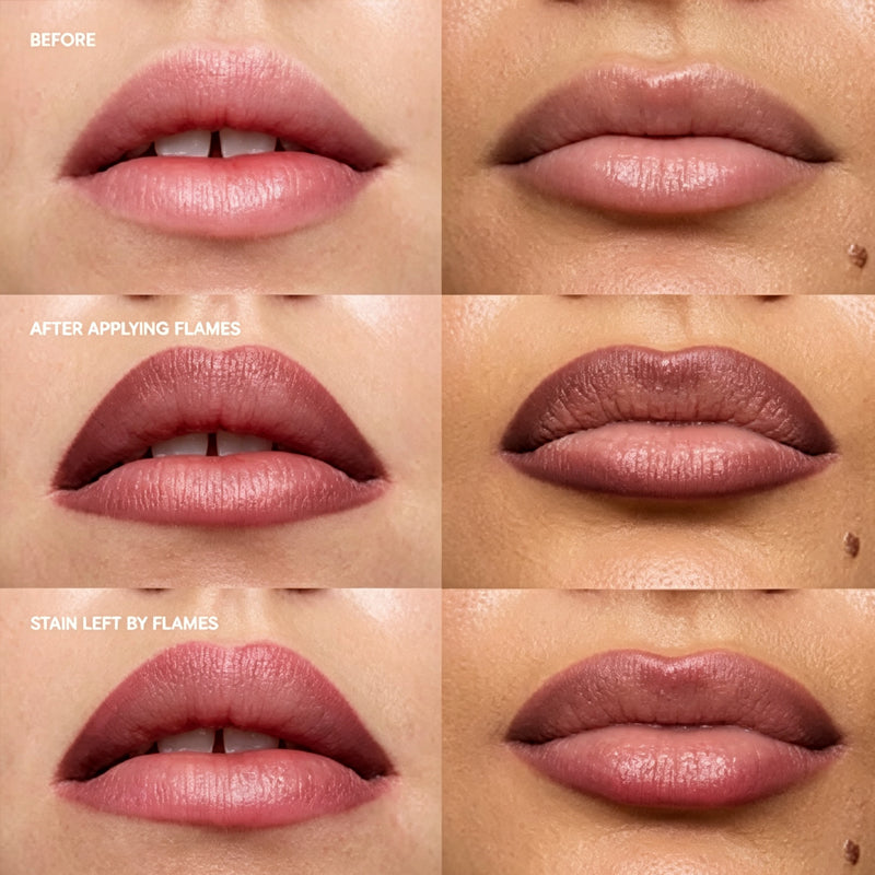 Flames lip liner before, applied and stained results