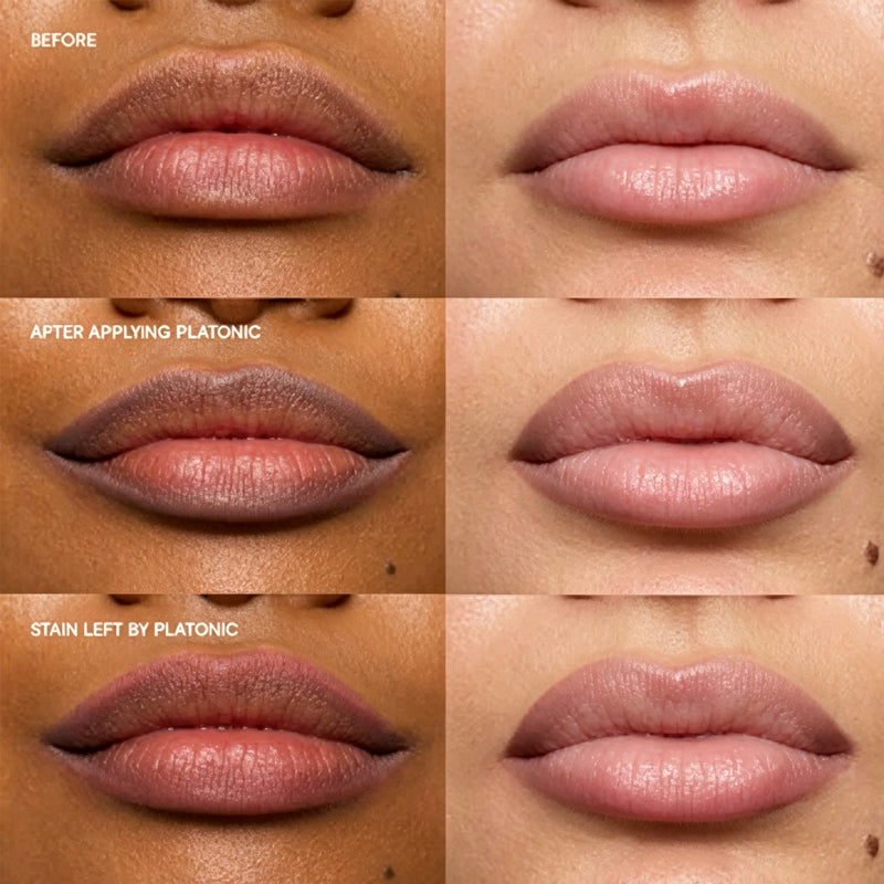 Platonic lip liner before, applied and stained results